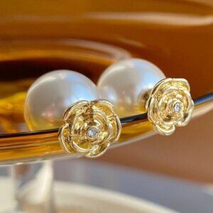NEW 14K Gold Plated Diamond Rose Pearl Earrings